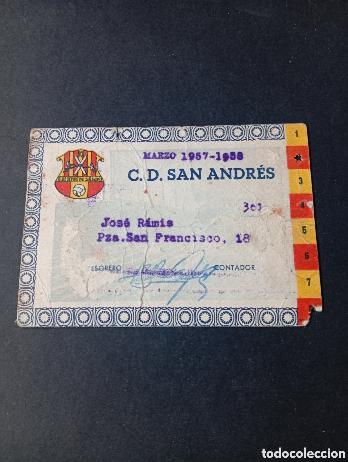 Sports collectibles: Carnet C.D.San Andres, Jos&eacute; Ramis,tesorero 1957-1958
