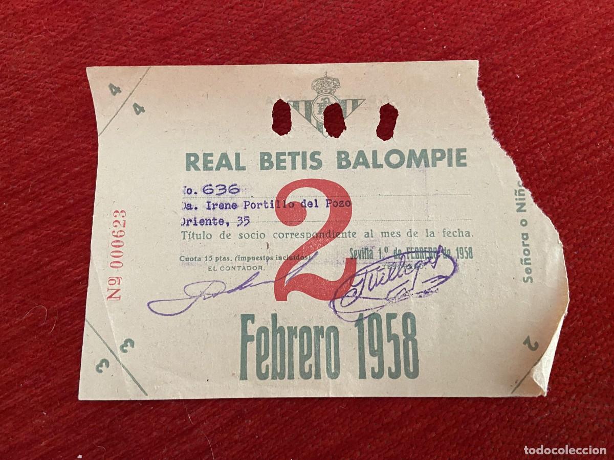 Sports collectibles: R30390 TITULO DE SOCIO CARNET ABONO ABONADO CUOTA REAL BETIS BALOMPIE FEBRERO 1958