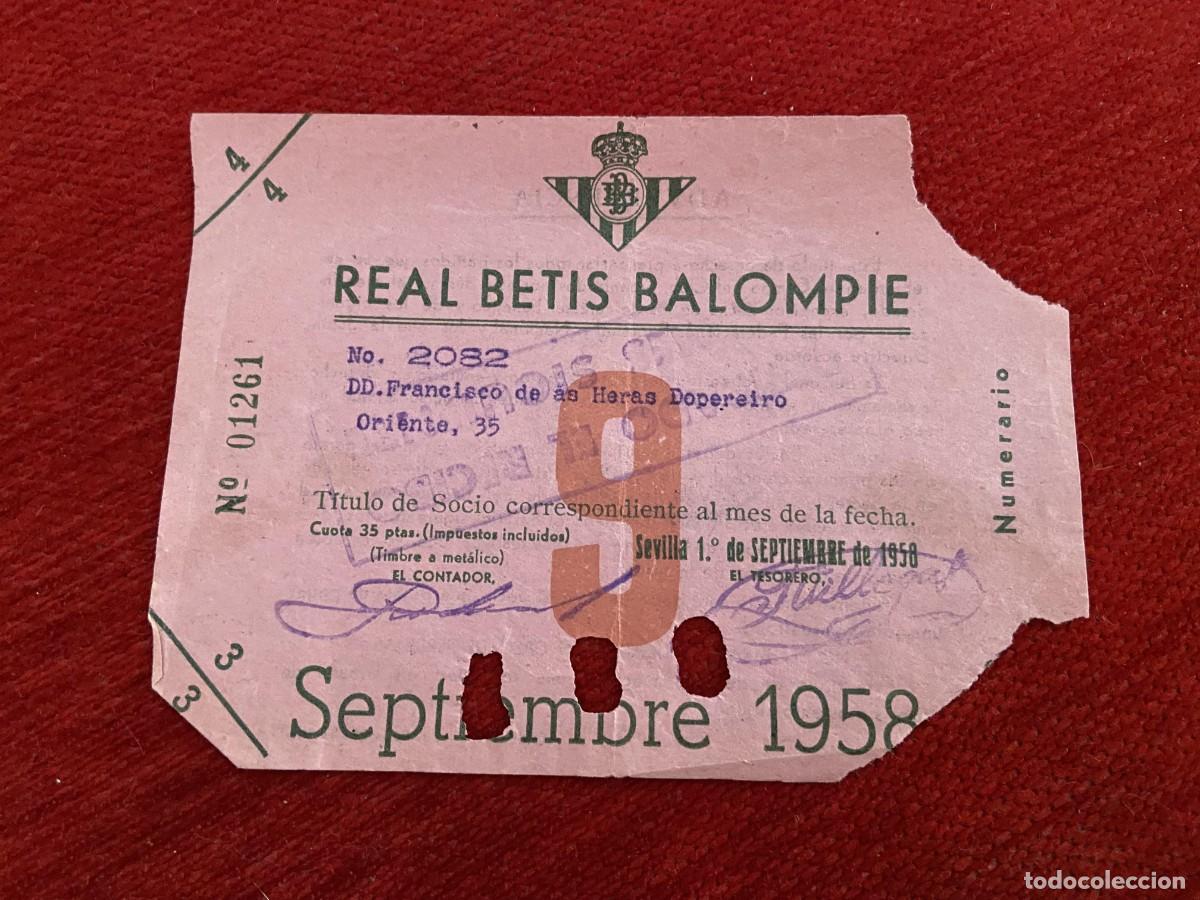 Sports collectibles: R30397 TITULO DE SOCIO CARNET ABONO ABONADO CUOTA REAL BETIS BALOMPIE SEPTIEMBRE 1958