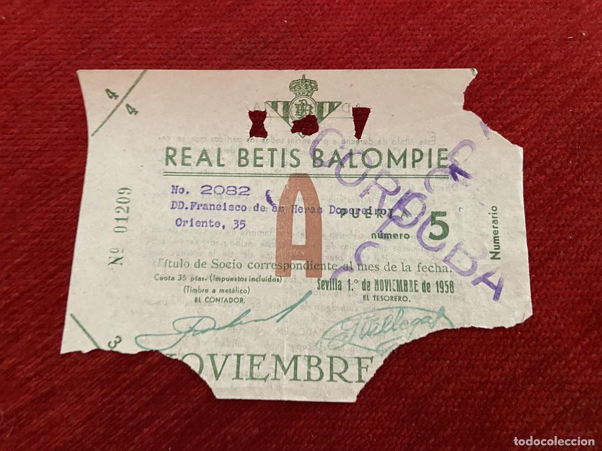Sports collectibles: R30399 TITULO DE SOCIO CARNET ABONO ABONADO CUOTA REAL BETIS BALOMPIE NOVIEMBRE 1958