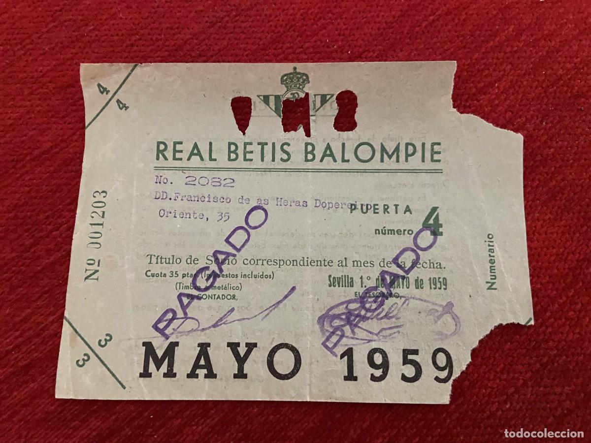 Sports collectibles: R30406 TITULO DE SOCIO CARNET ABONO ABONADO CUOTA REAL BETIS BALOMPIE MAYO 1959