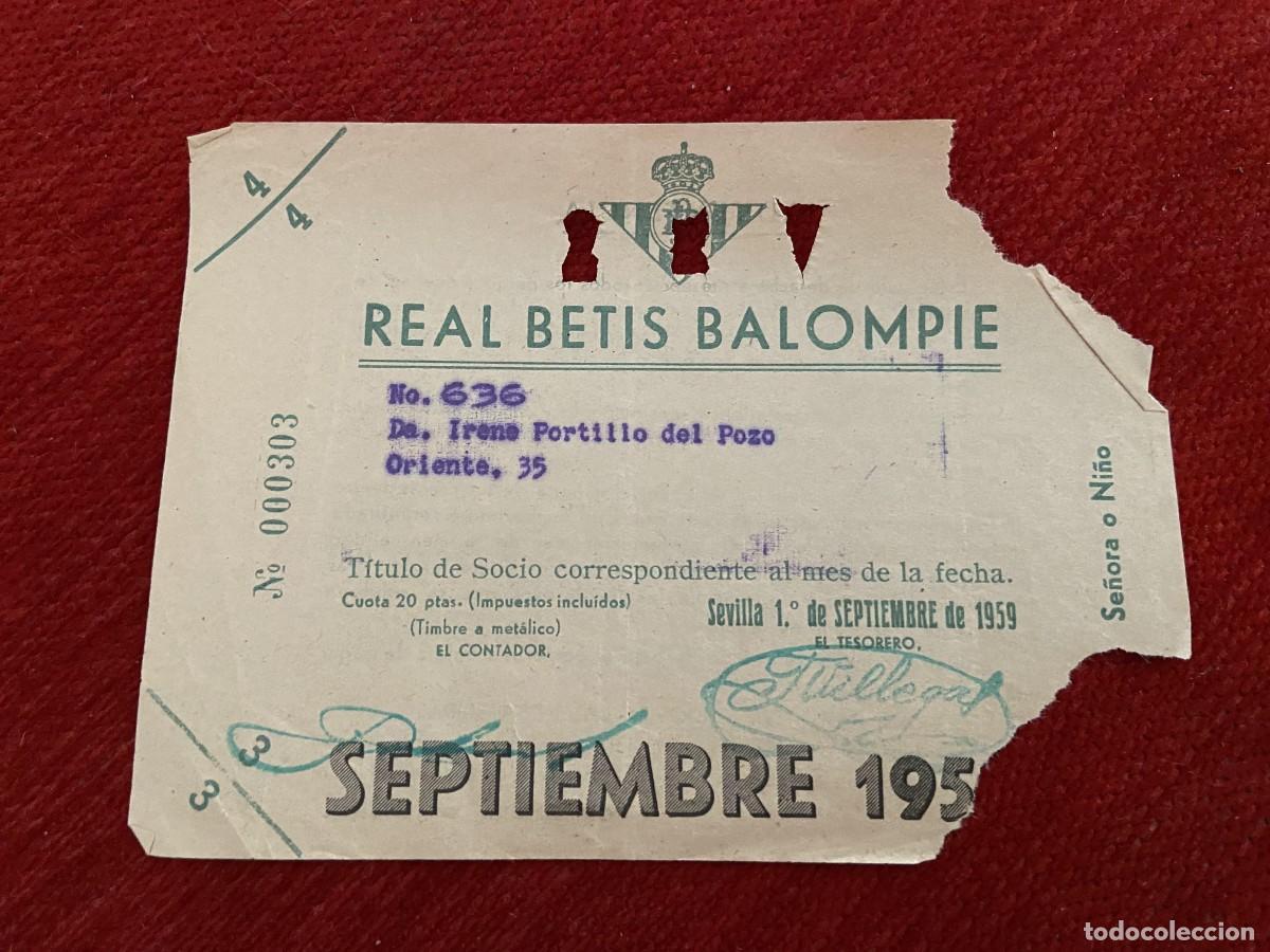 Sports collectibles: R30408 TITULO DE SOCIO CARNET ABONO ABONADO CUOTA REAL BETIS BALOMPIE SEPTIEMBRE 1959