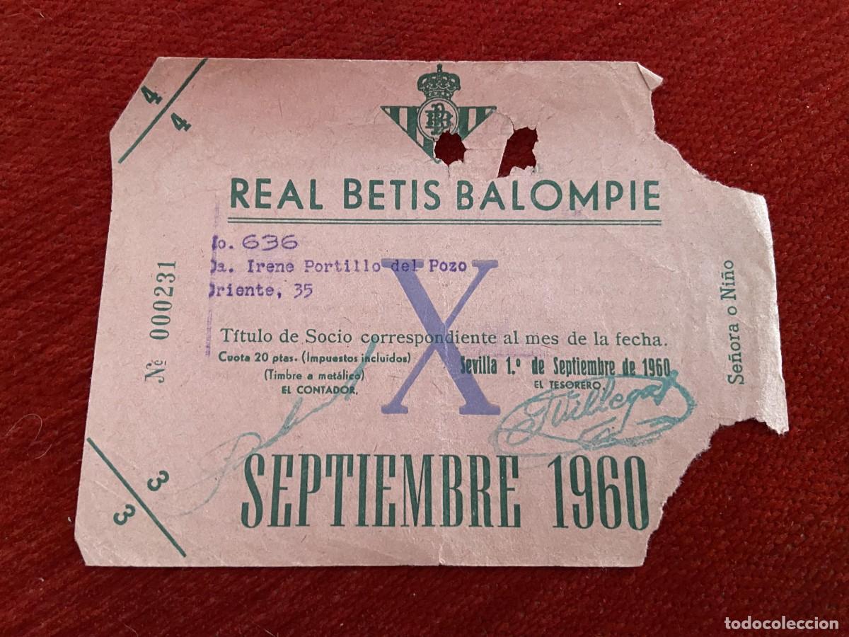 Sports collectibles: R30420 TITULO DE SOCIO CARNET ABONO ABONADO CUOTA REAL BETIS BALOMPIE SEPTIEMBRE 1960