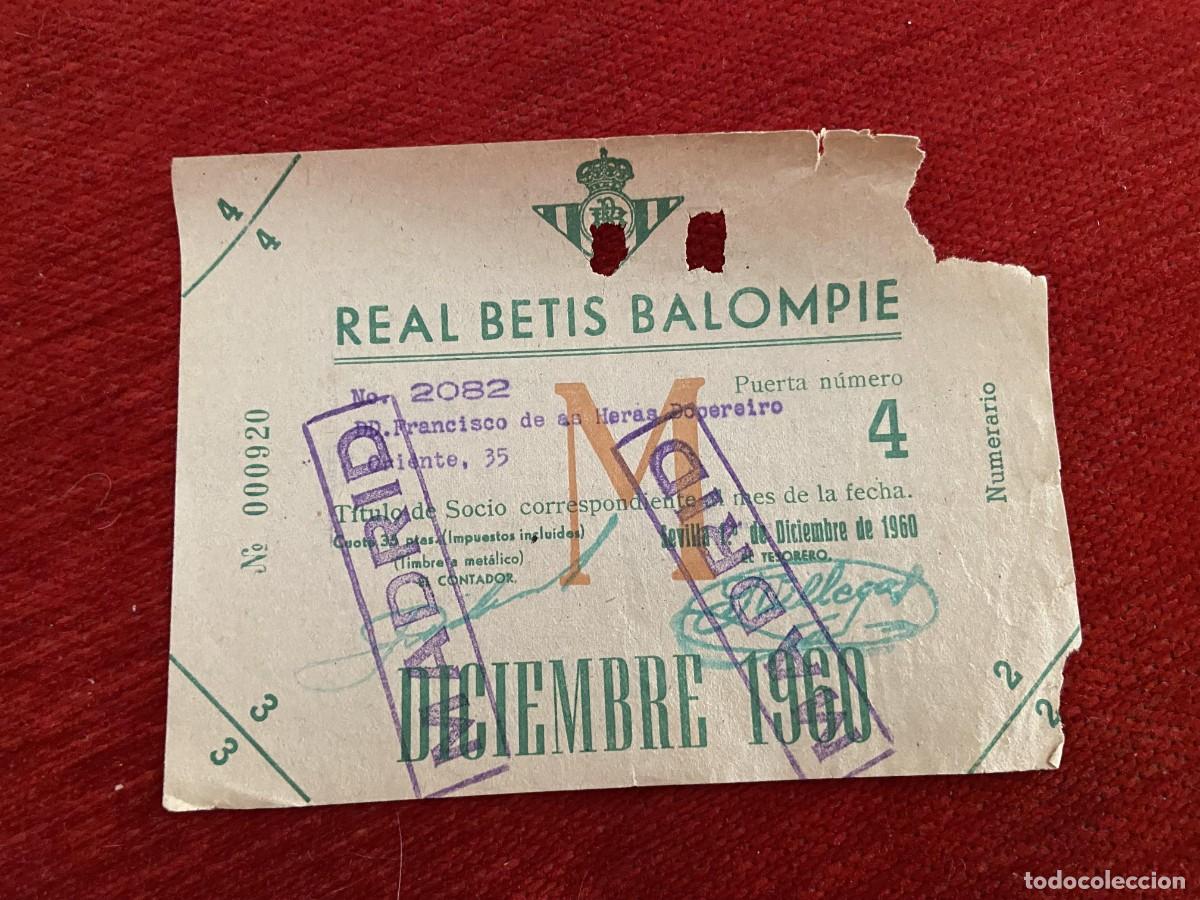 Sports collectibles: R30423 TITULO DE SOCIO CARNET ABONO ABONADO CUOTA REAL BETIS BALOMPIE DICIEMBRE 1960