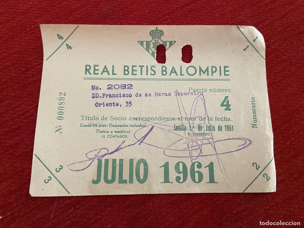 Sports collectibles: R30428 TITULO DE SOCIO CARNET ABONO ABONADO CUOTA REAL BETIS BALOMPIE JULIO 1961