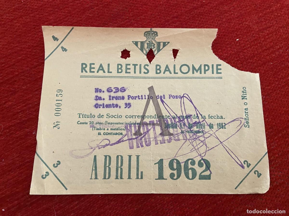 Sports collectibles: R30435 TITULO DE SOCIO CARNET ABONO ABONADO CUOTA REAL BETIS BALOMPIE ABRIL 1962