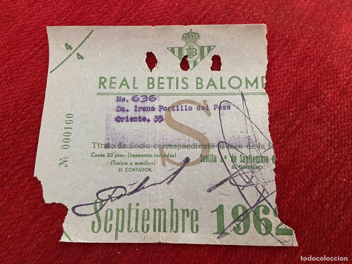 Sports collectibles: R30440 TITULO DE SOCIO CARNET ABONO ABONADO CUOTA REAL BETIS BALOMPIE SEPTIEMBRE 1962
