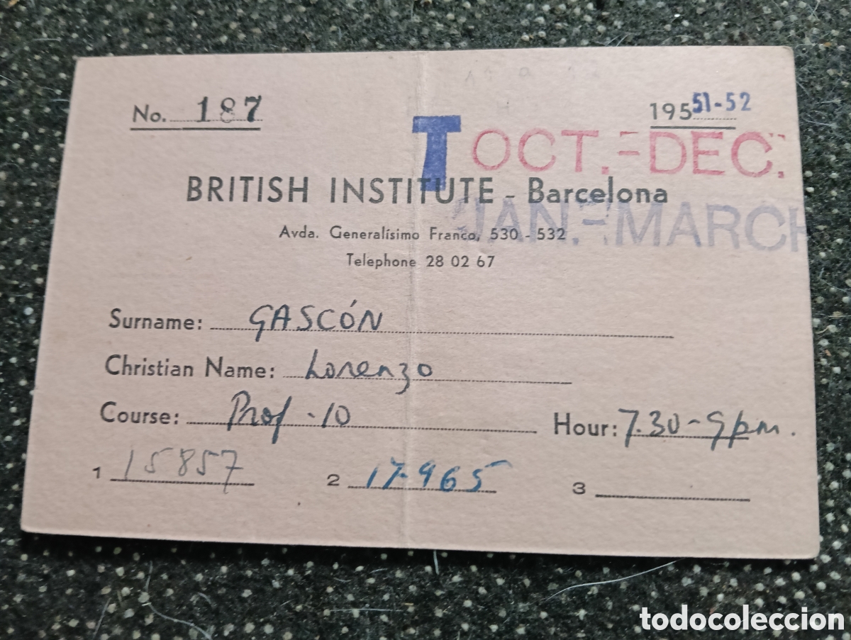 Coleccionismo deportivo: Carn&eacute;t o ficha de inscripci&oacute;n del a&ntilde;o escolar 1951-52 para un estudiante en el &rdquo;British Institute&rdquo; d