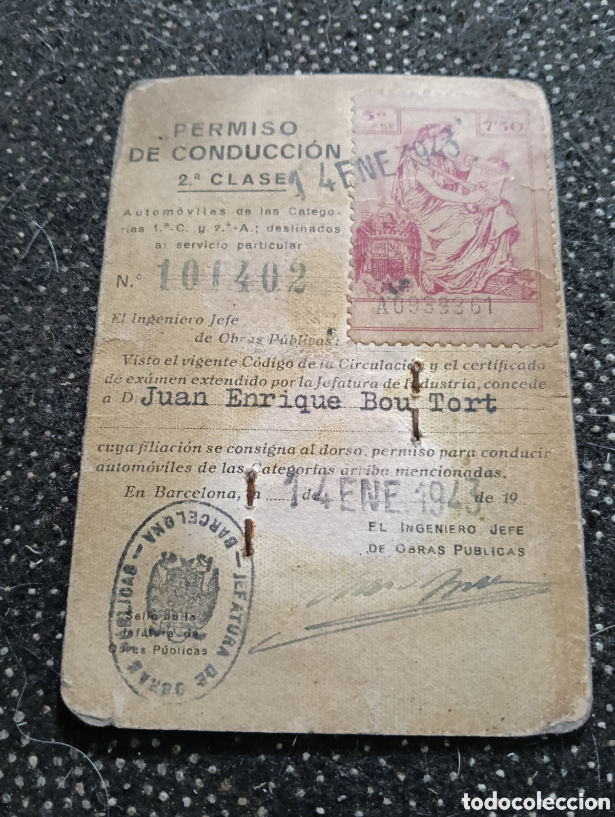 Coleccionismo deportivo: Permiso de conducir de 2a clase 14 de Enero de 1943, Juan Enrique Bou Tort
