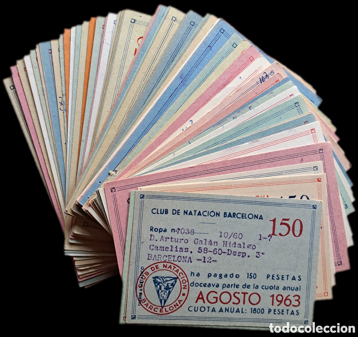 Coleccionismo deportivo: Lote de 65 cuotas Club Nataci&oacute;n Barcelona, 1963-1972