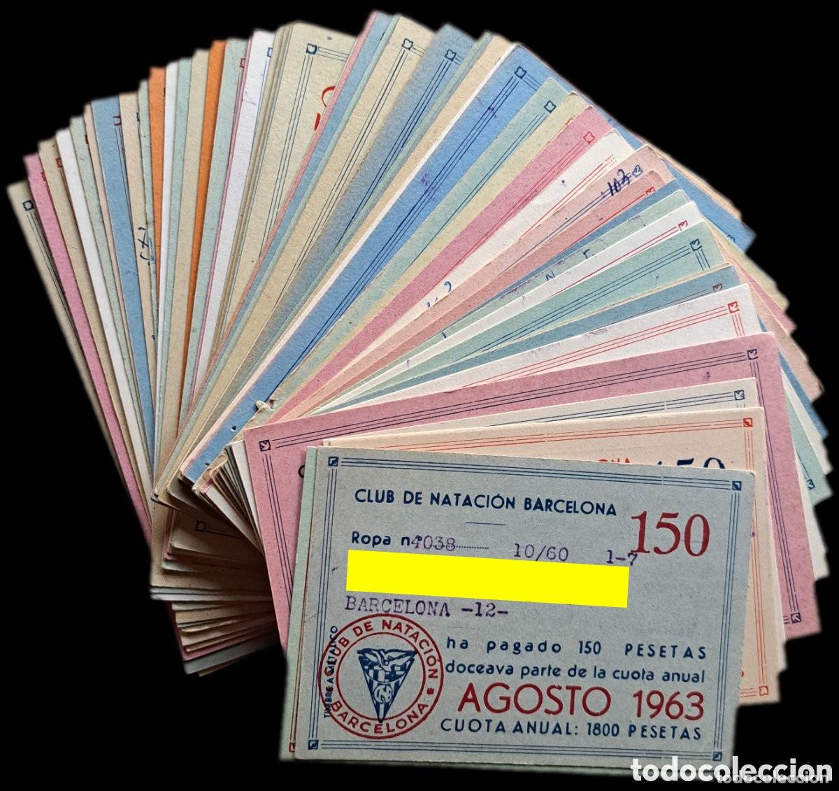Coleccionismo deportivo: Lote de 65 cuotas Club Nataci&oacute;n Barcelona, 1963-1972