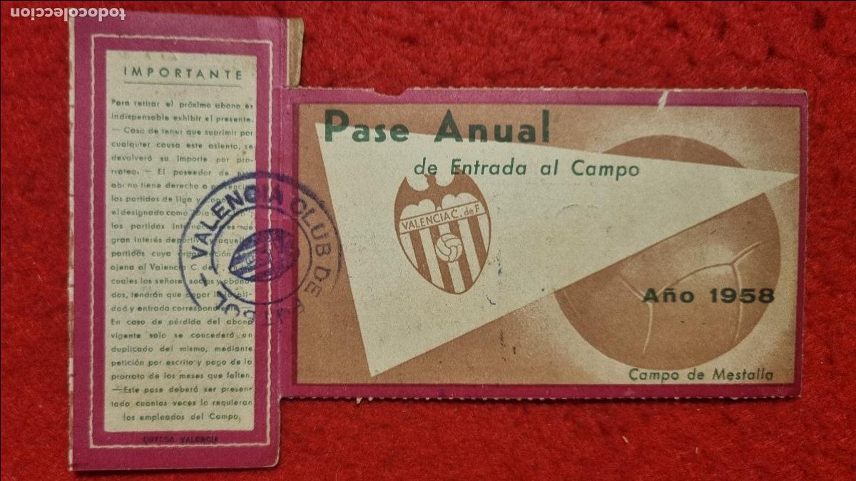 Coleccionismo deportivo: PASE FUTBOL SOCIO VALENCIA CF ANUAL 1958 ABONADO ORIGINAL PS1