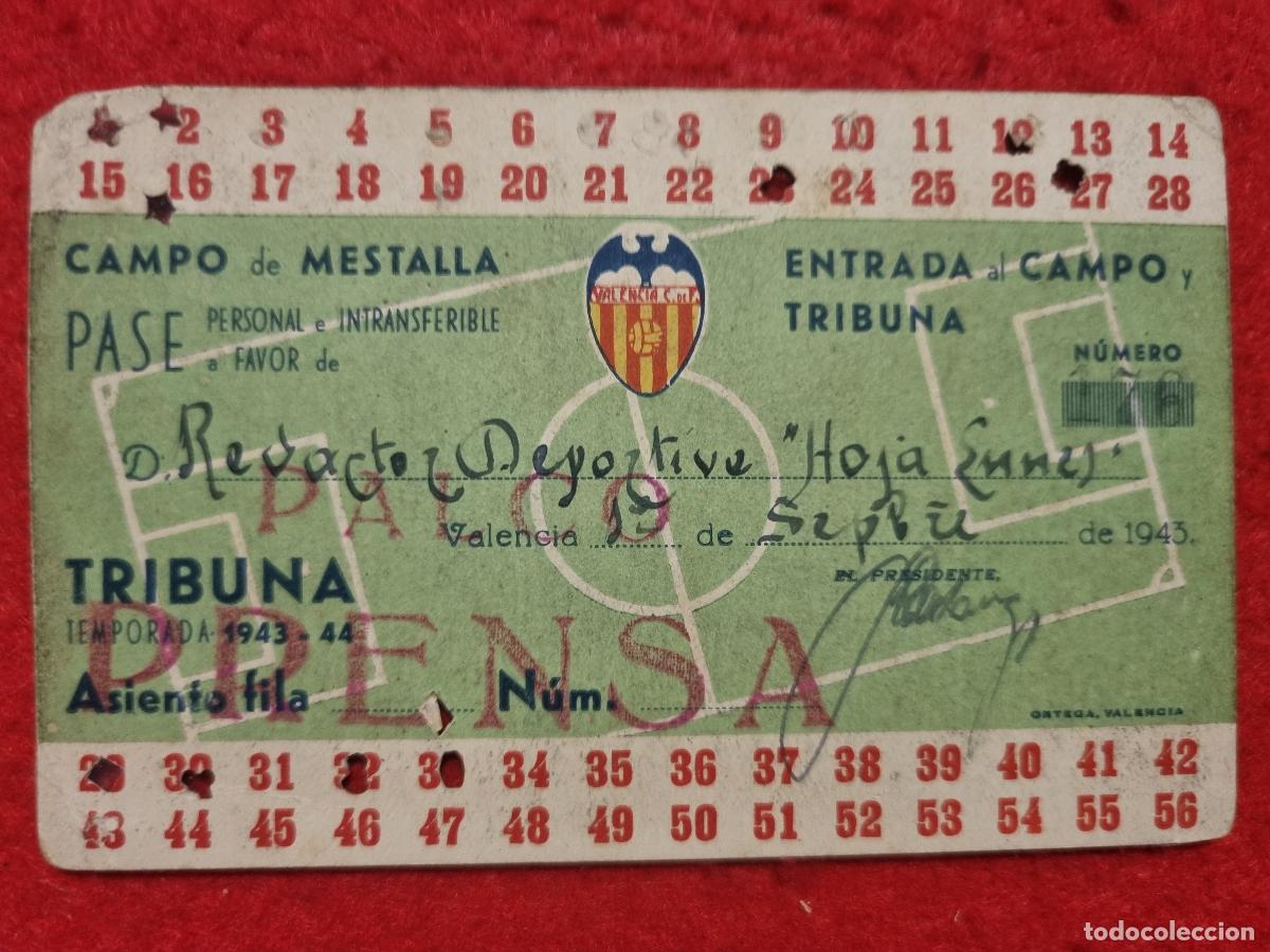 Coleccionismo deportivo: PASE FUTBOL SOCIO VALENCIA CF ANUAL 1943 1944 PRENSA ORIGINAL PS1