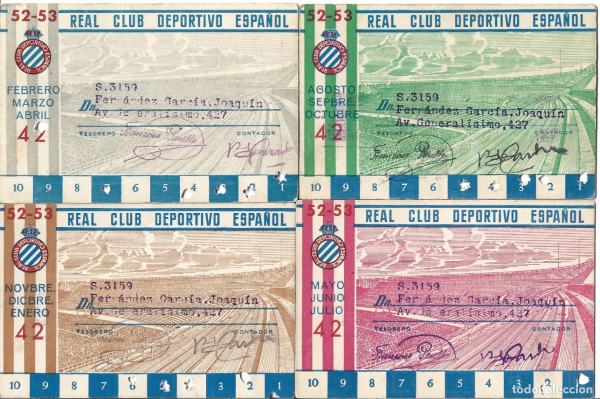 Coleccionismo deportivo: ESTADIO DE SARRIA-R.C.D.ESPA&Ntilde;OL- 4 CARNETS TRIMESTRALES TEMPORADA 1952-1953