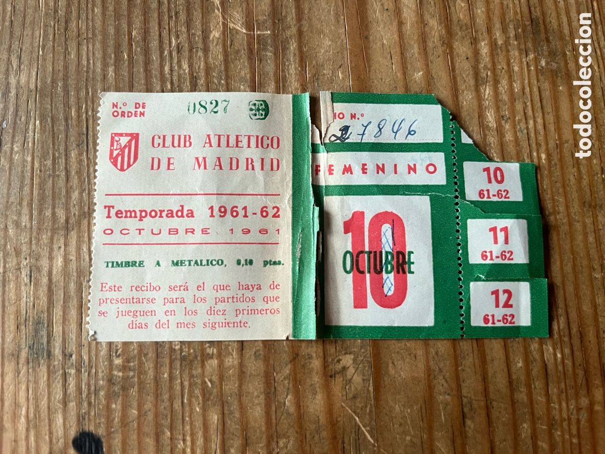 Coleccionismo deportivo: R31936 RECIBO MENSUAL CUOTA SOCIO ABONADO ABONO FEMENINO OCTUBRE 1961 1962 CLUB ATLETICO DE MADRID