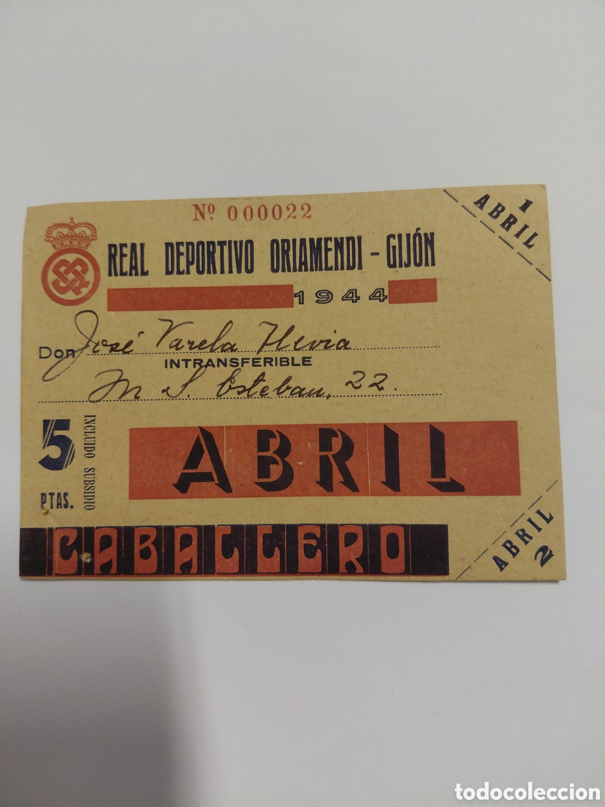 Coleccionismo deportivo: CARNET DE SOCIO DEL REAL DEPORTIVO ORIAMENDI-GIJON 1944.PUBLICIDAD VISNU POR DETRAS