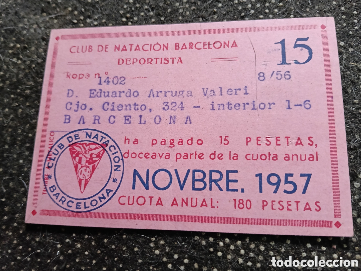 Coleccionismo deportivo: 1957 Carnet del Club de Nataci&oacute;n de Barcelona, Eduardo Arruga Valeri 15 pesetas.