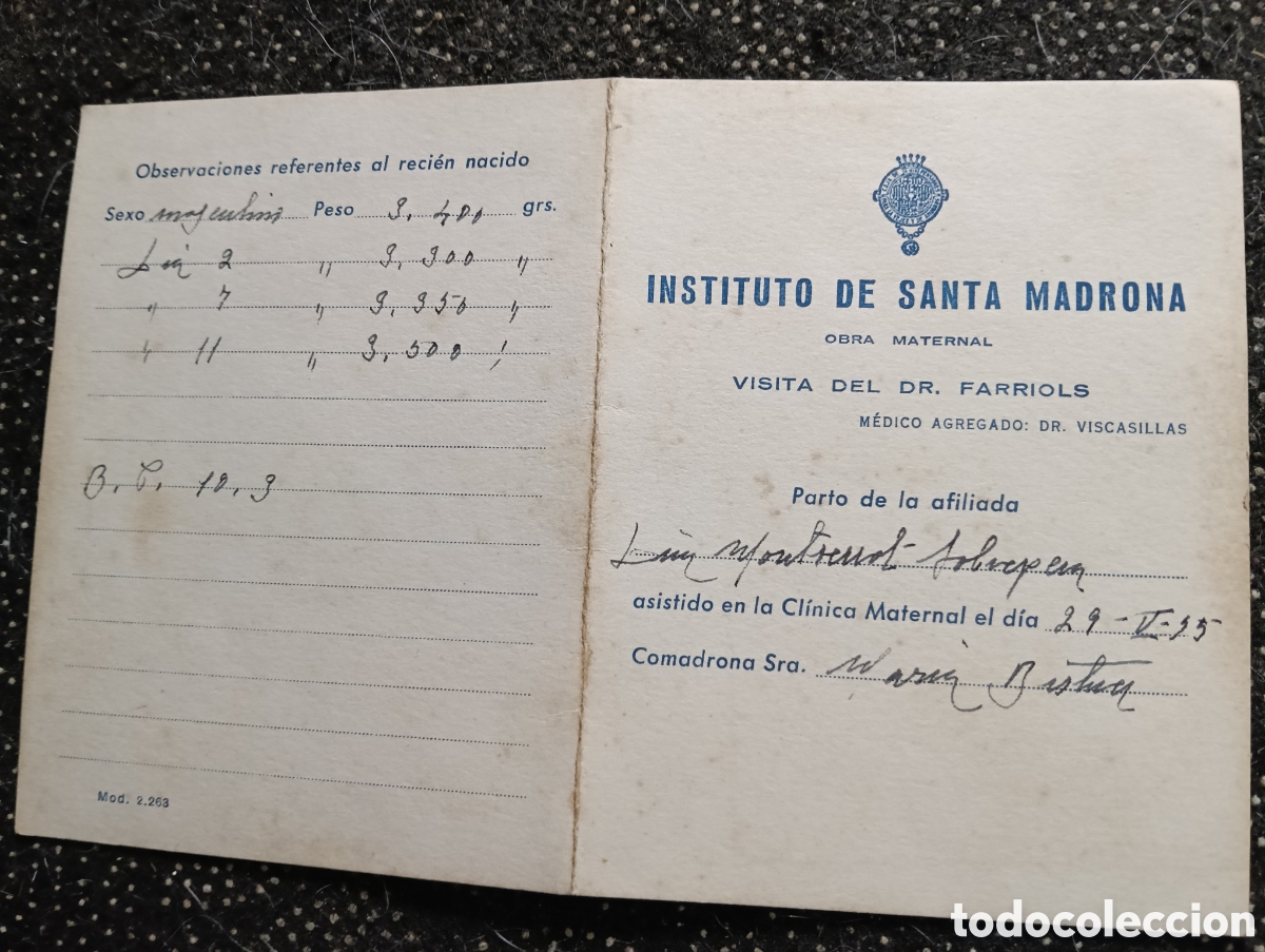Coleccionismo deportivo: TARJETA MEDICA INSTITUTO DE SANTA MADRONA-SERVICIO DE MATERNIDAD, DR. FARRIOLS BALLESTA-BARCELONA MA