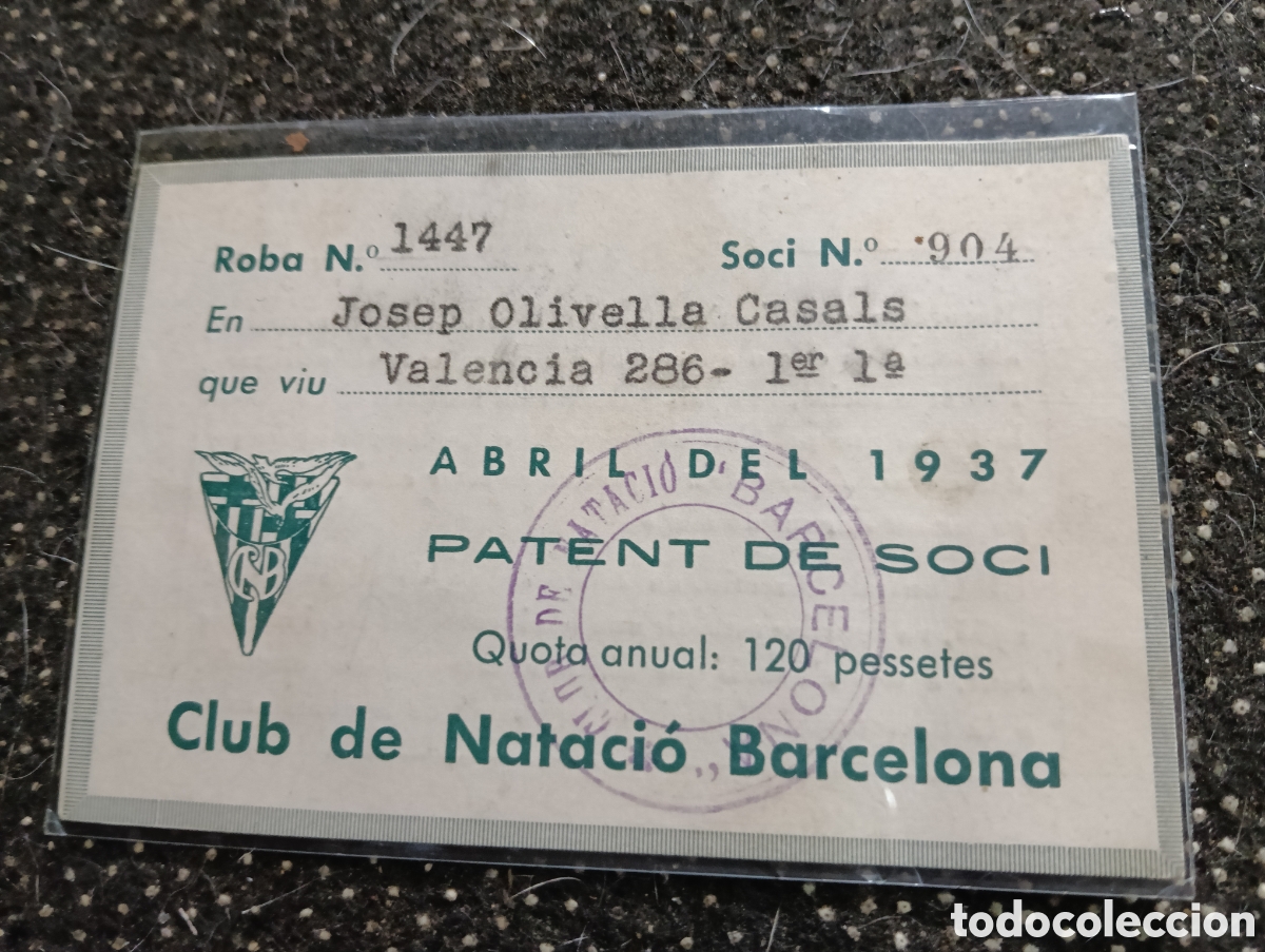 Coleccionismo deportivo: 1937 Club de Nataci&oacute;n de Barcelona cuota anual 120 pesetas Josep Olivella Casals 1937