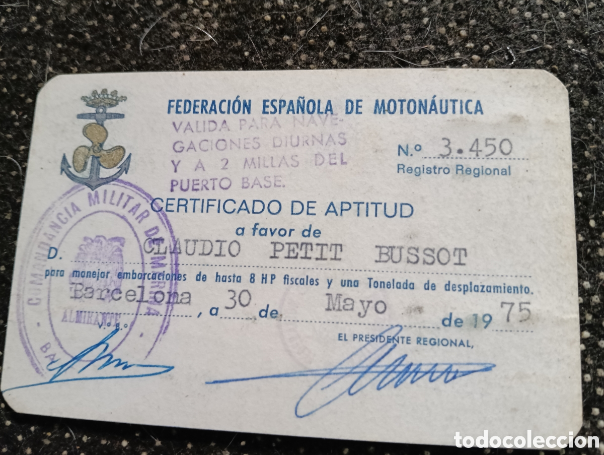 Coleccionismo deportivo: Federaci&oacute;n Espa&ntilde;ola de Moton&aacute;utica 1975 a favor de Claudio Petit, Barcelona