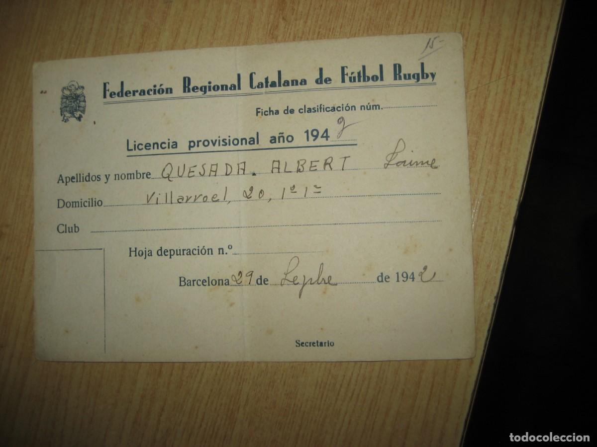 Coleccionismo deportivo: Licencia de la federaci&oacute;n Catalana de F&uacute;tbol Rugby 1942