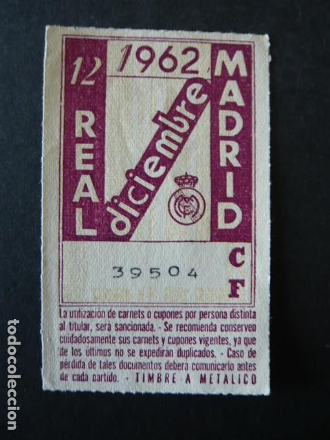 Sammelleidenschaft Sport: CUPON CARNET DE SOCIO REAL MADRID DICIEMBRE 1962 FUTBOL