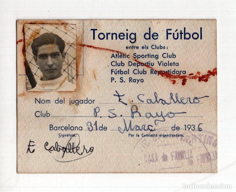 Collezionismo sportivo: TARJETA DE JUGADOR (CARNET) PARA UN TORNEO DE F&Uacute;TBOL EMITIDA EN BARCELONA EL 31 DE MARZO DE 1936.
