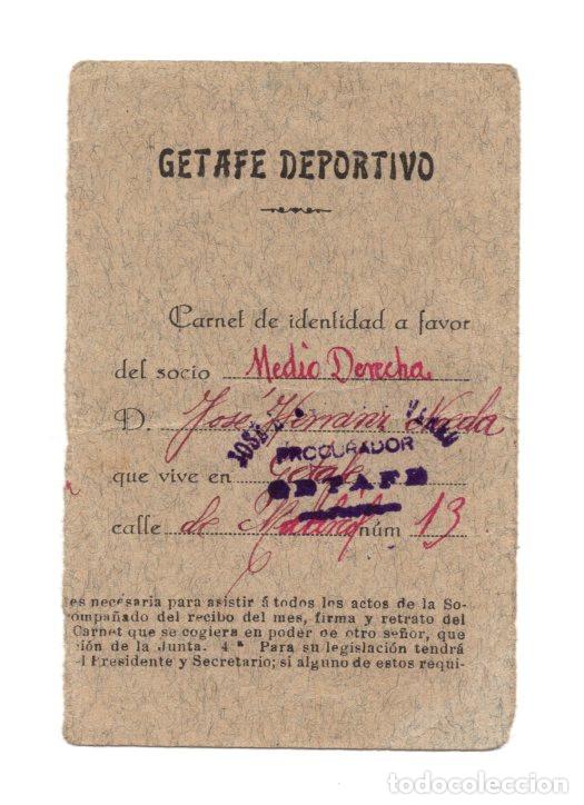 Collezionismo sportivo: CARNET DE IDENTIDAD DE SOCIO DEL GETAFE DEPORTIVO, CLUB PRECURSOR DEL ACTUAL GETAFE CLUB DE F&Uacute;TBOL.