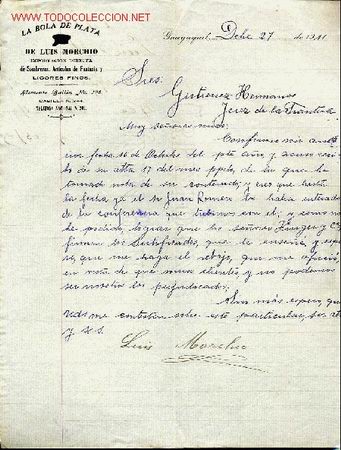 Lettres commerciales: CARTA COMERCIAL DE LA BOLA DE PLATA DE LUIS MORCHIO-.GUAYAQUIL.ECUADOR