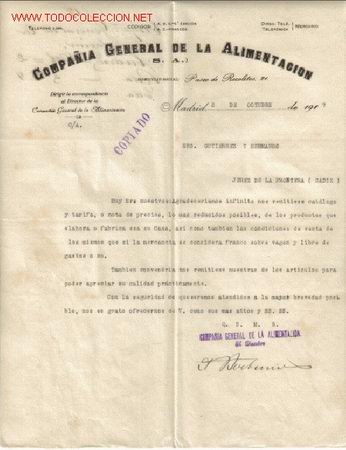 Cartas comerciales: CARTA COMERCIAL DE LA COMPA&Ntilde;IA GENERAL DE LA ALIMENTACION,S.A..MADRID - Foto 1
