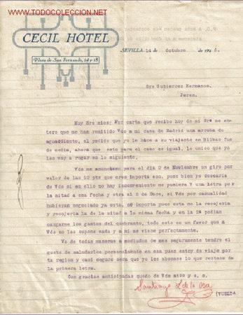 Cartas comerciales: CARTA COMERCIAL DEL CECIL HOTEL.SEVILLA - Foto 1