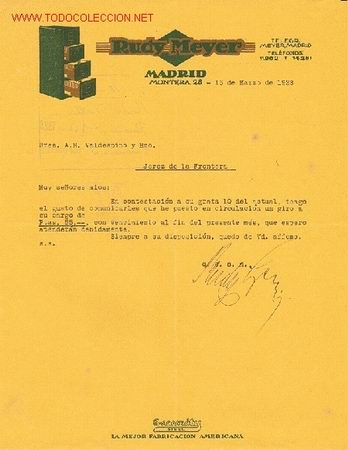 Cartas comerciales: CARTA COMERCIAL DE RUDY MEYER.MADRID. 1928 - Foto 1