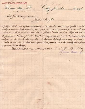 Cartas comerciales: CARTA COMERCIAL DE HORACIO ALCON Y C&ordf;.CADIZ - Foto 1