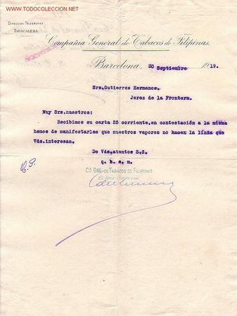 Cartas comerciales: CARTA COMERCIAL DE LA COMPA&Ntilde;IA GENERAL DE TABACOS DE FILIPINAS. - Foto 1