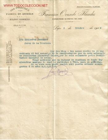 Cartas comerciales: CARTA COMERCIAL DE FRANCISCO OVANDO FLANDES-EXPORTADOR DE FRUTOS DEL PAIS.LEPE.HUELVA