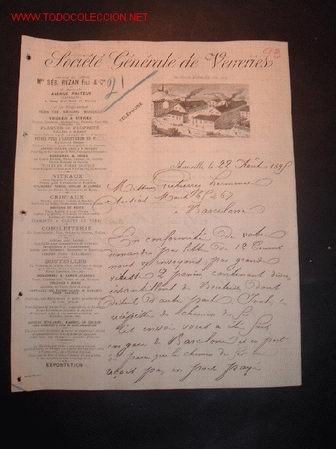 Cartas comerciales: CARTA COMERCIAL DE LA SOCIETE GENERALE DE VERRERIES(SOCIEDAD GENERAL DE VIDRIO EN MARSELLA)