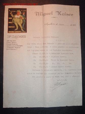 Gesch&auml;ftsbriefe: CARTA COMERCIAL DE LA CASA DE MIGUEL KAISER,ESPECIALIDADES EN ANIS DEL LEON,CO&Ntilde;AC GENESIS.......