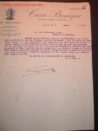 Cartas comerciales: CARTA COMERCIAL DE CASA BENIGNO.GIJON - Foto 1