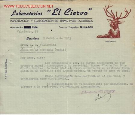 Cartas comerciales: CARTA COMERCIAL DE LOS LABORATORIOS EL CIERVO.BARCELONA - Foto 1