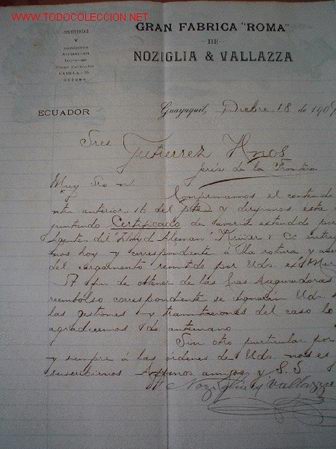 Lettres commerciales: CARTA COMERCIAL DE GUAYAQUIL, 1.909. NOZIGLIA & VALLAZA. GRAN FABRICA ROMA, CONFITERIAS Y DEPOSITOS