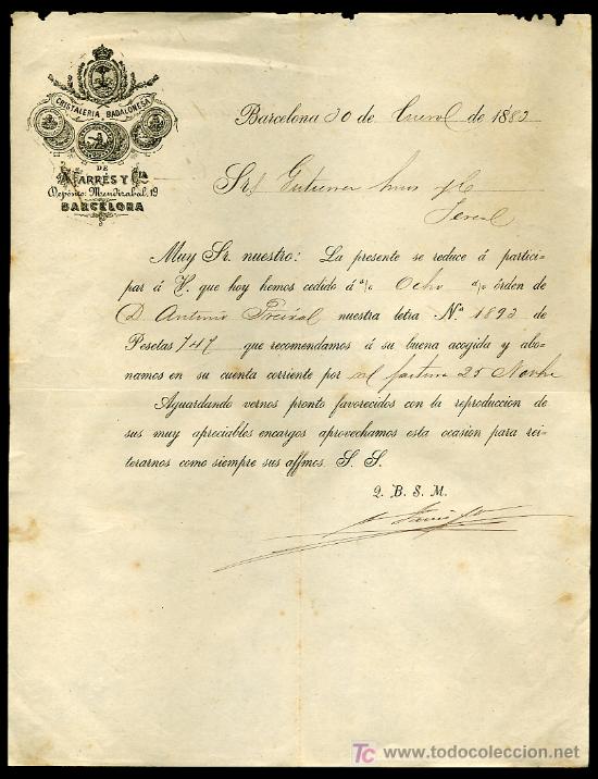 Cartas comerciales: BARCELONA. CARTA COMERCIAL DE A. FARRES Y Co., CRISTALERIA BADALONESA. 30/01/1883