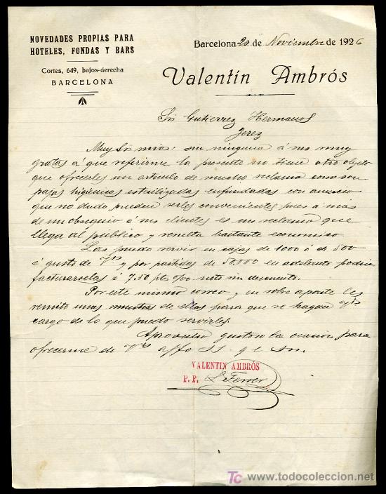 Cartas comerciales: BARCELONA.CARTA COMERCIAL DE VALENTIN AMBROS.NOVEDADES PROPIAS PARA HOTELES,FONDAS Y BAR. 20/11/1926