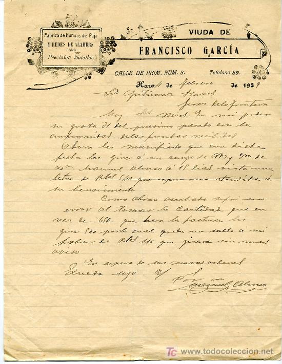 Gesch&auml;ftsbriefe: HARO, LA RIOJA. CARTA COMERCIAL DE VDA. DE FRANCISCO GARCIA. FABRICA DE FUNDAS DE PAJA. 04/02/1929