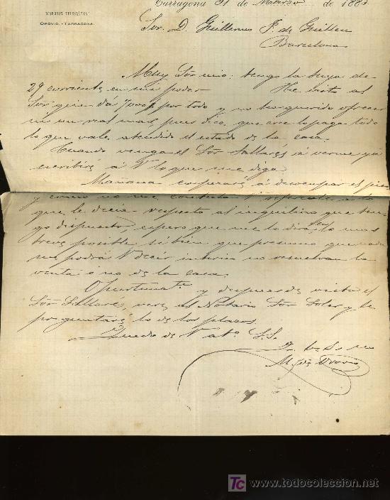 Lettres commerciales: CARTA MANUSCRITA DE MANUEL DE OROVIO.TARRAGONA.1883.INGENIERO INDUSTRIAL GUILLERMO J. GULLEN-GARCIA