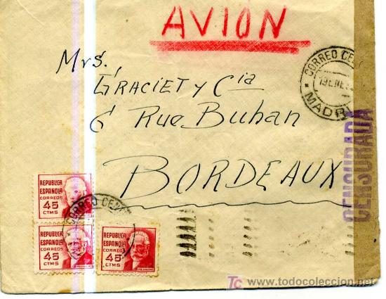 Cartas comerciales: SOBRE DE CARTA DE MADRID A BORDEAUX. CENSURADO. GUERRA CIVIL. CENSURA.