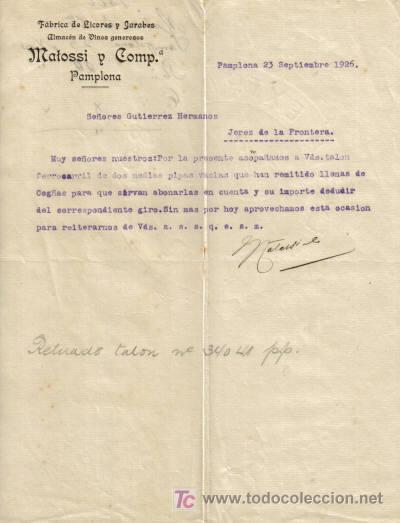 Gesch&auml;ftsbriefe: PAMPLONA. 1926,CARTA COMERCIAL DE LA FABRICA DE LICORES Y JARABES, VINOS DE MATOSSI Y Cia.