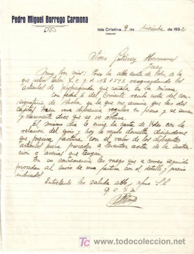 Gesch&auml;ftsbriefe: ISLA CRISTINA ( HUELVA). A&Ntilde;O 1932. CARTA COMERCIAL DE PEDRO MIGUEL BORREGO CARMONA.