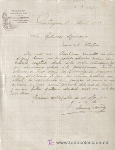 Cartas comerciales: CARTAGENA. A&Ntilde;O 1932. CARTA COEMRCIAL DE VINOS FINOS Y LICORES. &uml;BAR MITUPI&uml;. FRANCISCO CONESA NAVARR