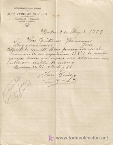 Gesch&auml;ftsbriefe: CABRA ( C&Oacute;RDOBA). A&Ntilde;O 1929. CARTA COMERCIAL DE JOS&Eacute; VERDEJO MOLRILLO. ESTABLECIMIENTO DE BEBIDAS.
