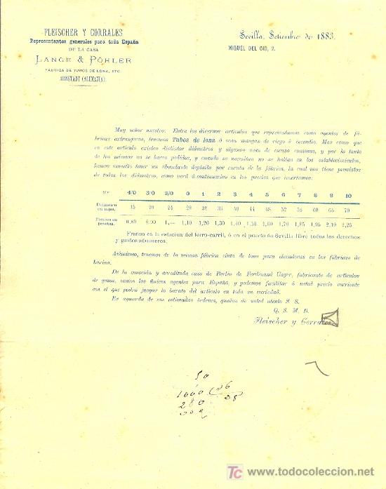 Lettres commerciales: SEVILLA. A&Ntilde;O 1883. CARTA COMERCIAL DE FLEISCHER  CORRALES. REPRESENTANTES. LANGE & P&Ouml;HLER.